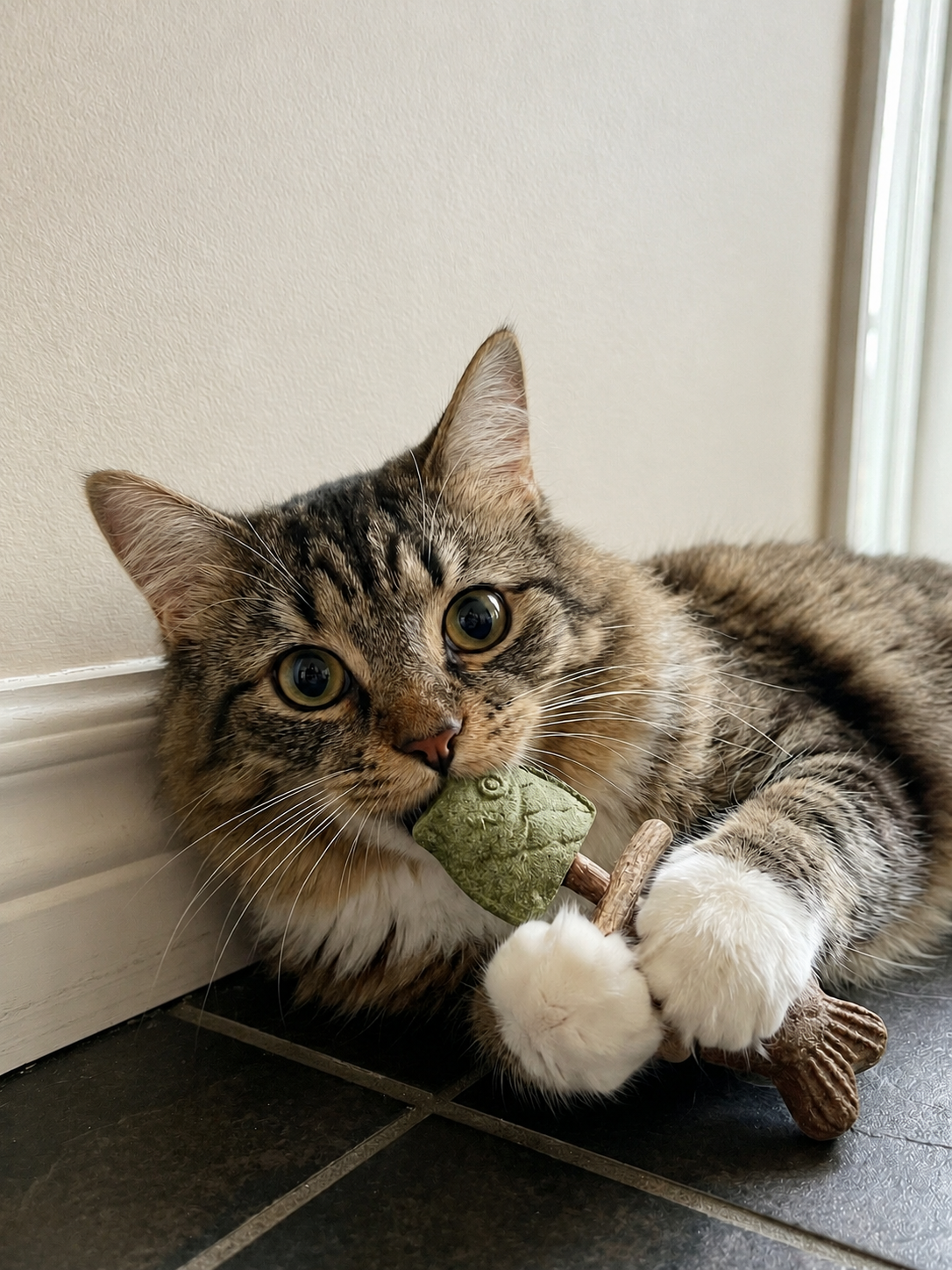 Tabby cat chewing fish shaped toy