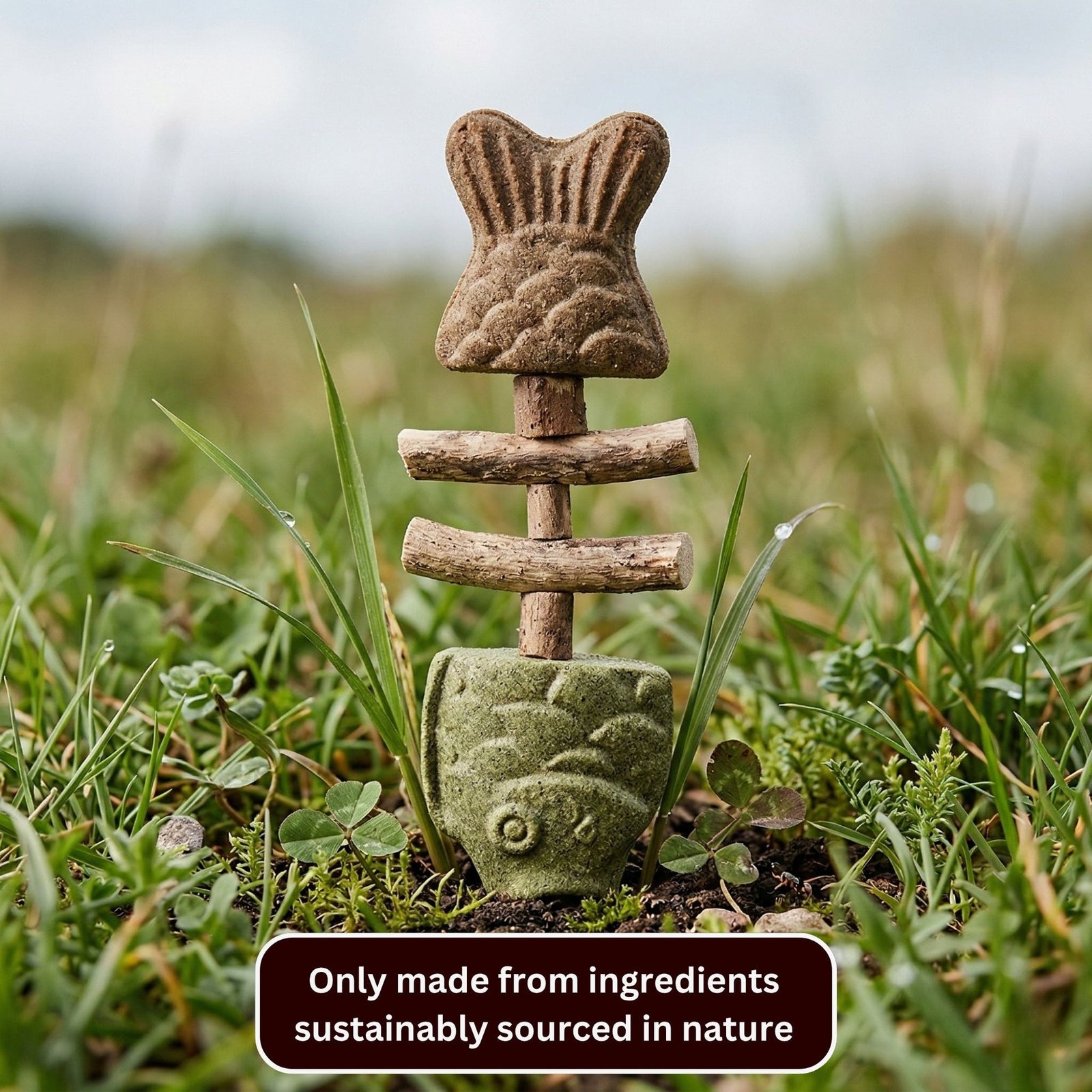 Fish-shaped catnip and silvervine chew toy outdoors