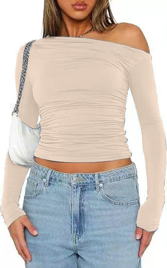 New INS Solid Color Asymmetrical Shoulder Long Sleeve Ruched Crop Top T-Shirt
