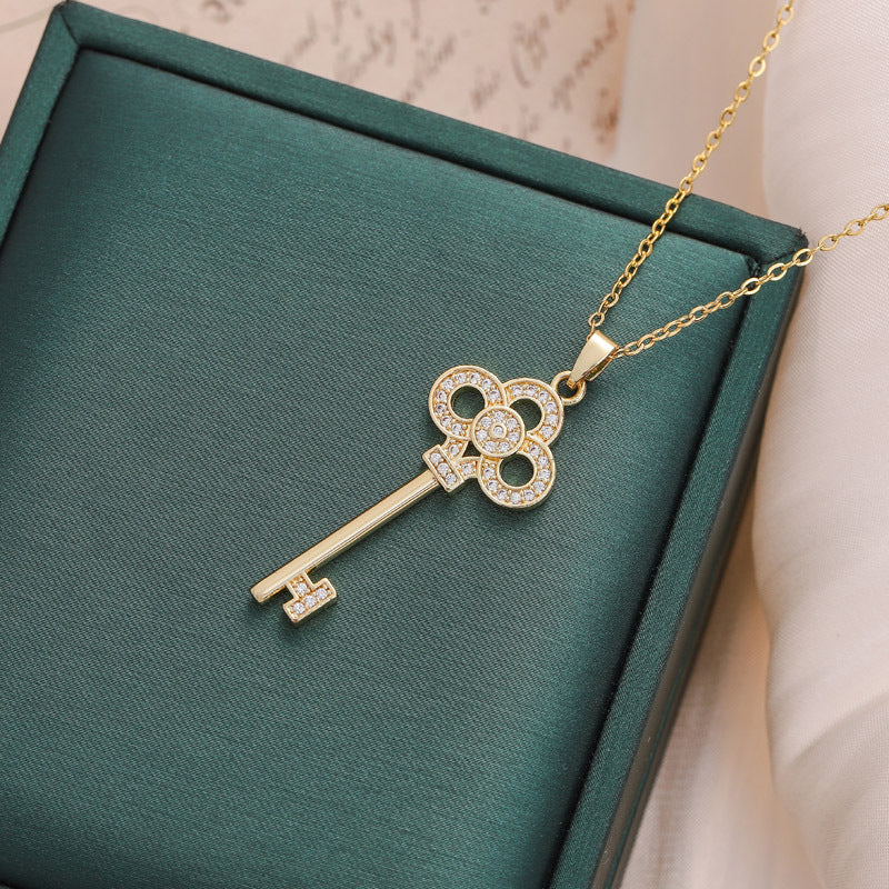 Full Rhinestone Light Luxury Key Pendant Necklace