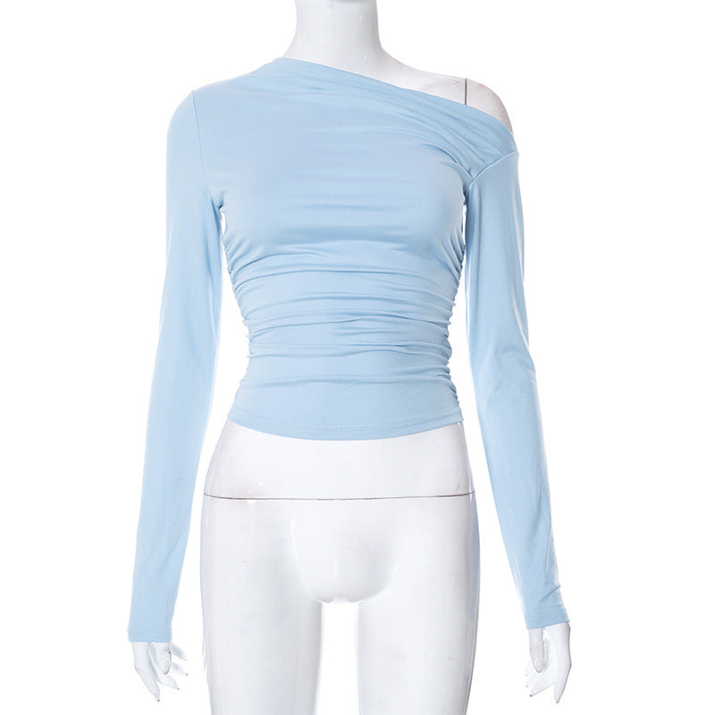 New INS Solid Color Asymmetrical Shoulder Long Sleeve Ruched Crop Top T-Shirt